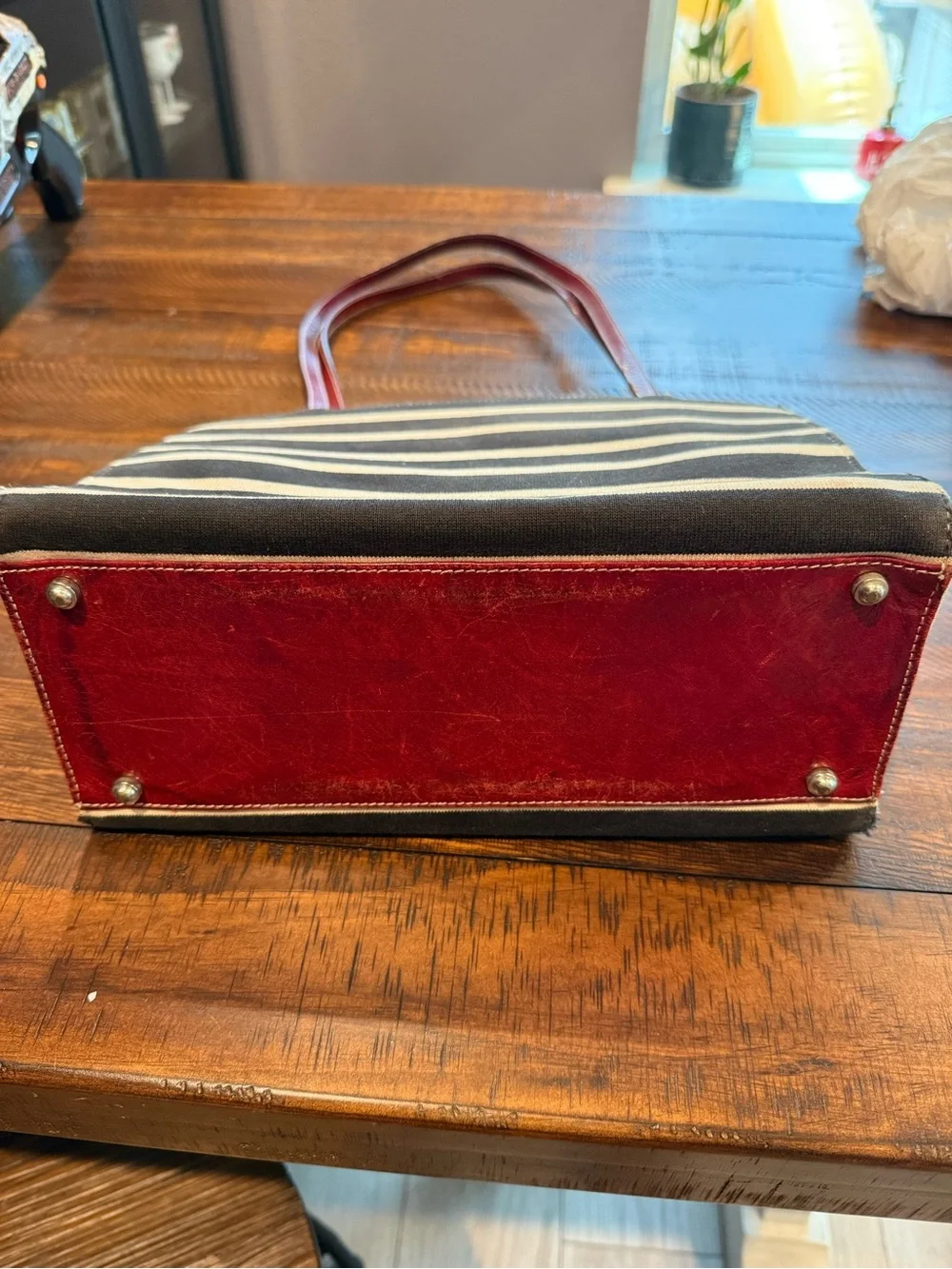 Vintage 90s Kate Spade Canvas Striped Tote Shoulder Bag Red Leather Trim